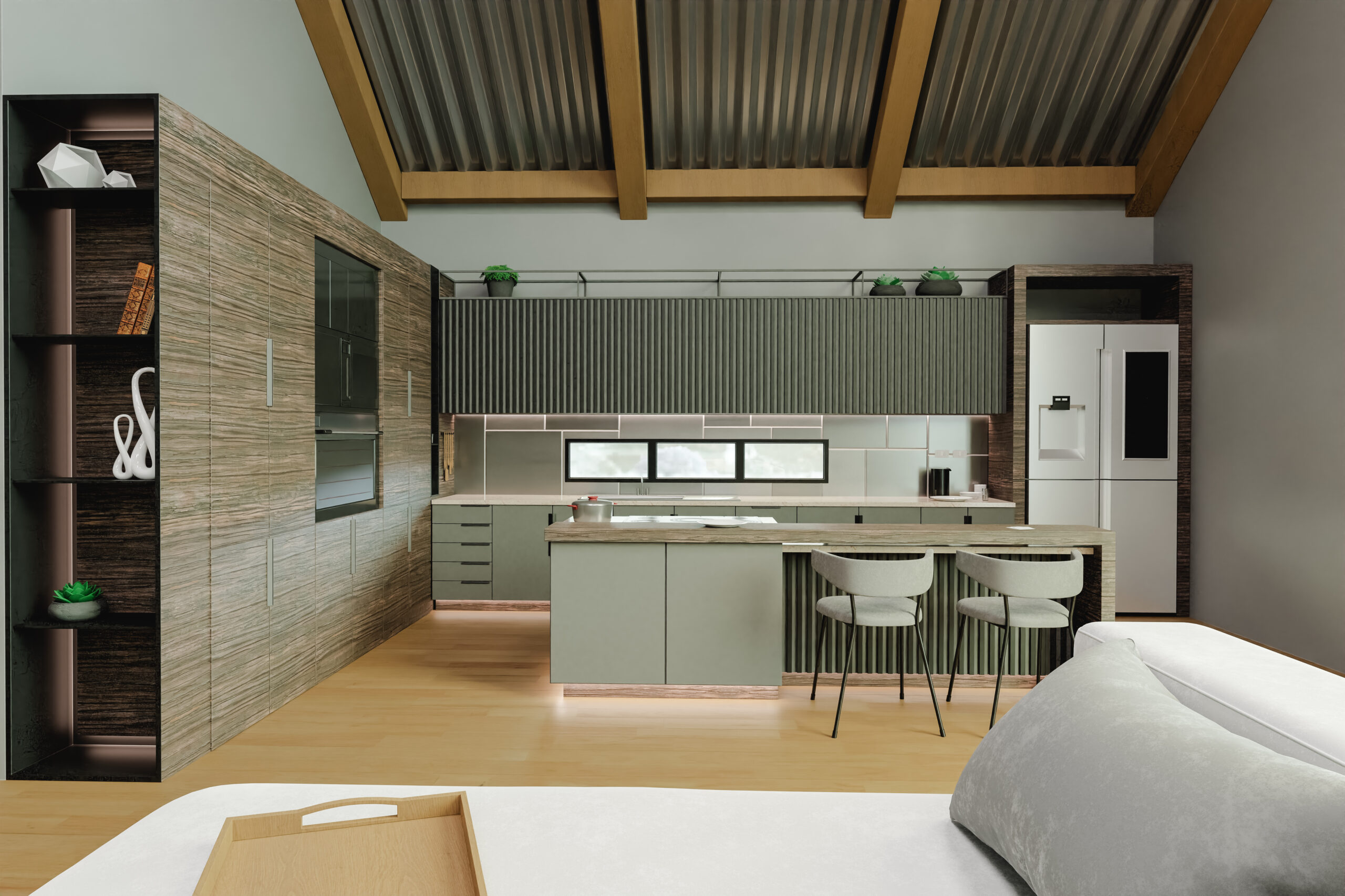 interior open space with a living room and kitchen with modern decoration 3d render