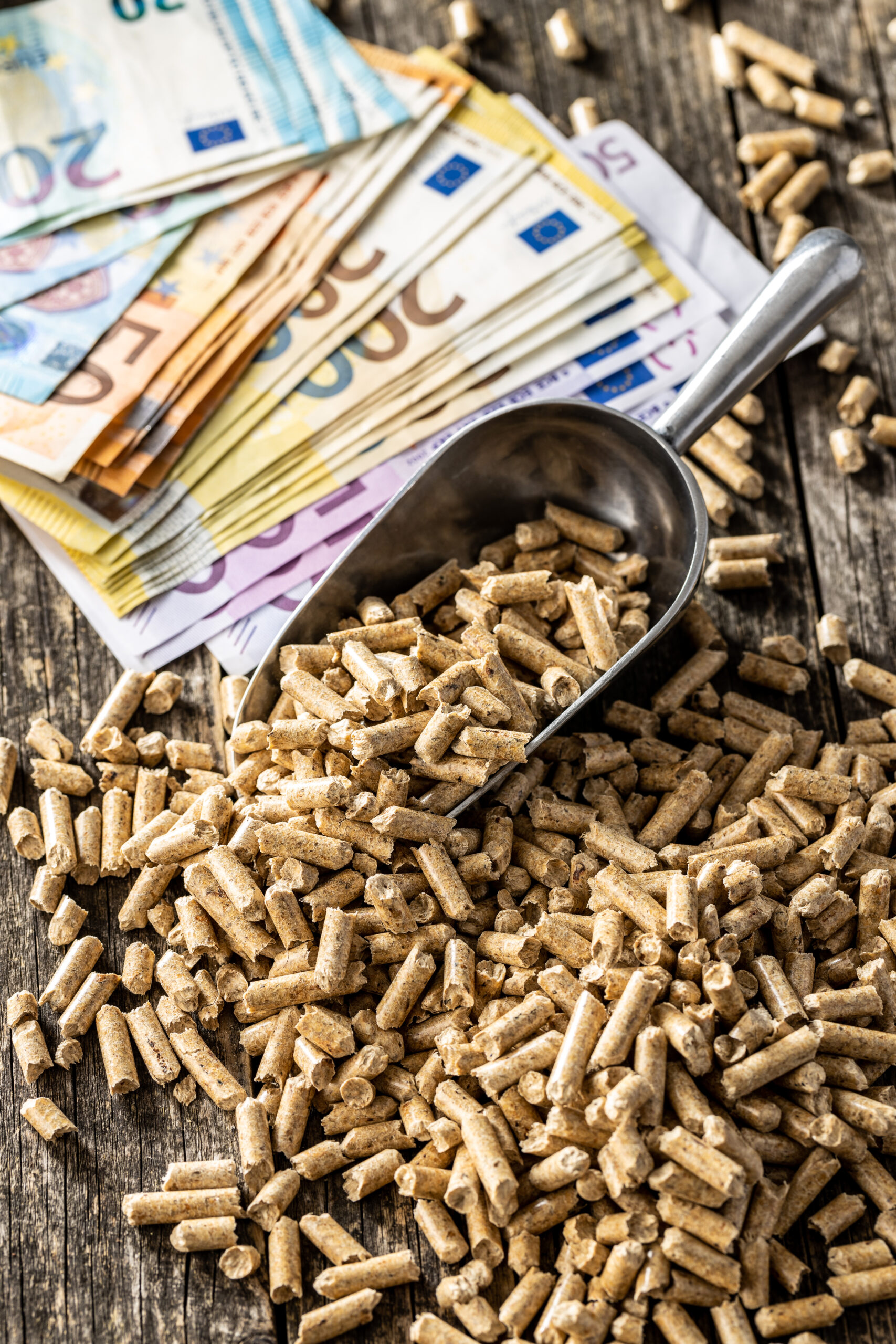 wooden pellets and euro banknotes.