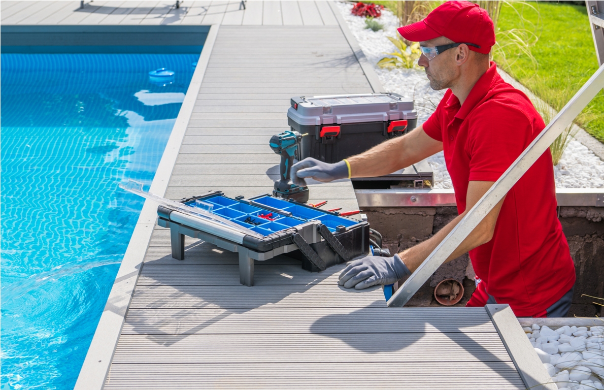 outdoor pool maintenance service worker