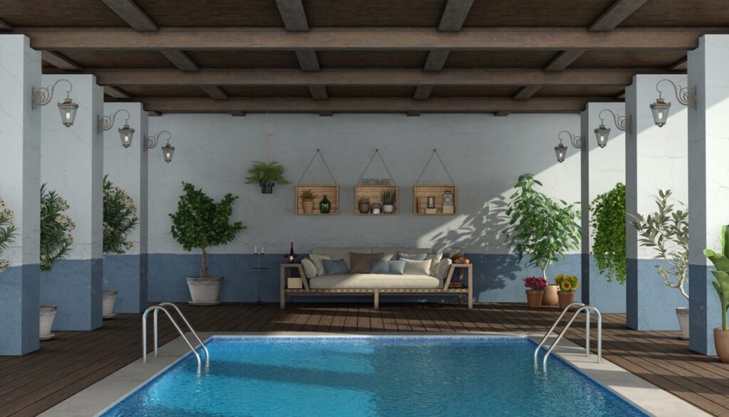 swimming pool under an old porch with a poolside sofa 3d rendering