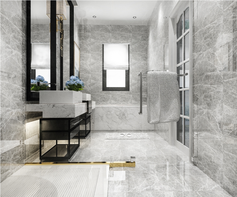 3d rendering minimal wood and stone white bathroom